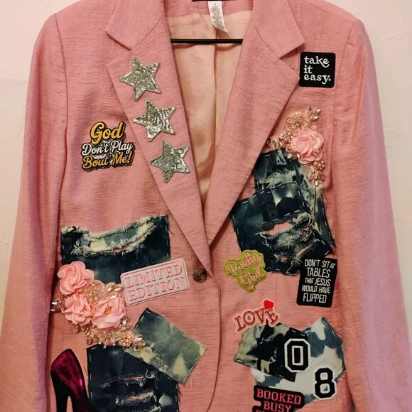 Pretty in Pink Size 16 blazer with patches - thrifted, dry cleaned and designed! - Picture 5 of 5